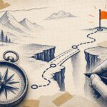 Notebook-style planning scene with a compass, a route crossing a gap and an orange destination flag.