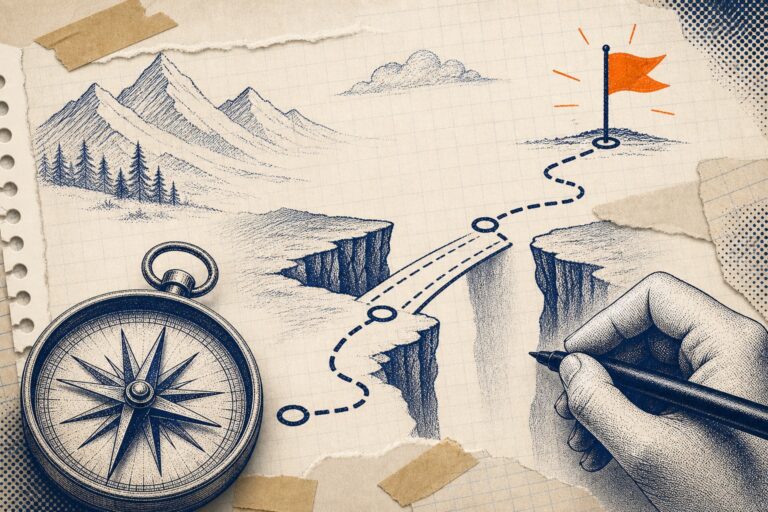 Notebook-style planning scene with a compass, a route crossing a gap and an orange destination flag.