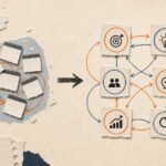 Fragmented calendar cards becoming a coordinated six-node content system in the MyBusinessNotes editorial notebook style.