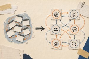 Fragmented calendar cards becoming a coordinated six-node content system in the MyBusinessNotes editorial notebook style.