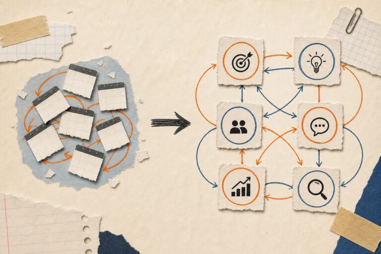 Fragmented calendar cards becoming a coordinated six-node content system in the MyBusinessNotes editorial notebook style.