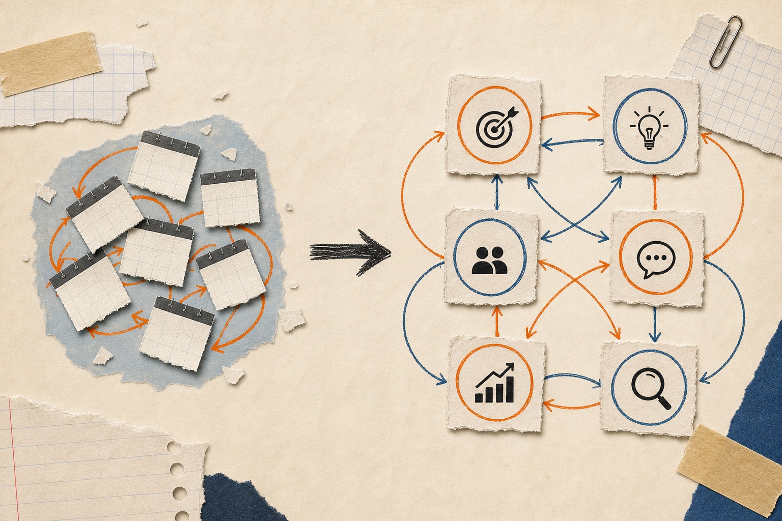 Fragmented calendar cards becoming a coordinated six-node content system in the MyBusinessNotes editorial notebook style.