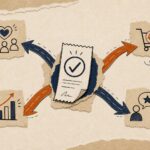 Completed payment opening into four coordinated post-sale growth paths in a MyBusinessNotes editorial notebook collage.