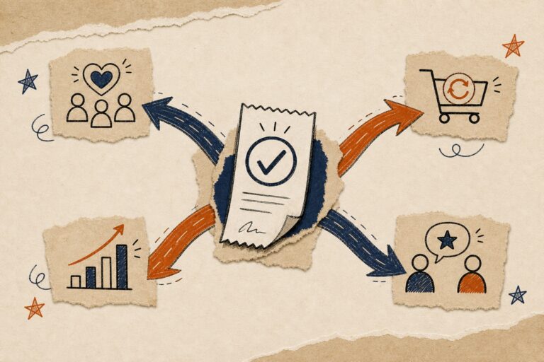 Completed payment opening into four coordinated post-sale growth paths in a MyBusinessNotes editorial notebook collage.