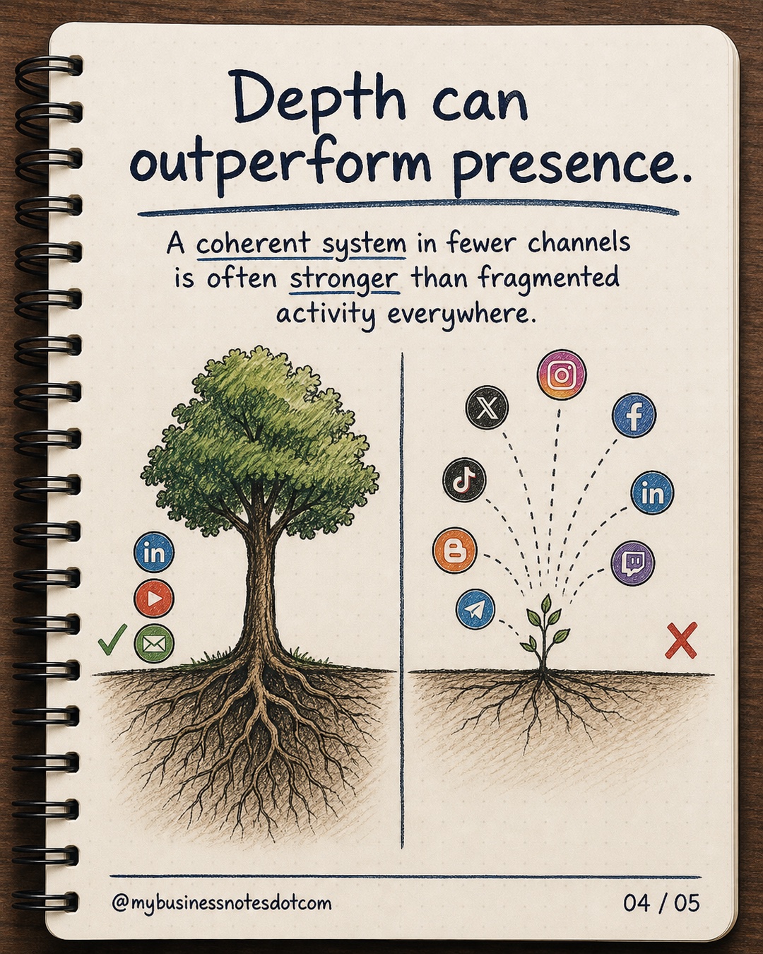 Depth can outperform presence.: A coherent system in fewer channels is often stronger than fragmented activity everywhere.